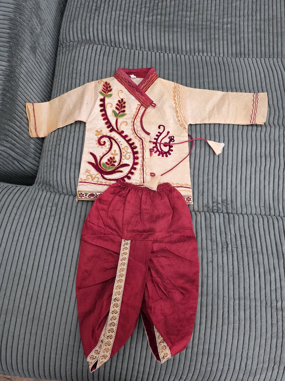 Kids Traditional Embroidered Kurta Pajama Set in Cream and Maroon